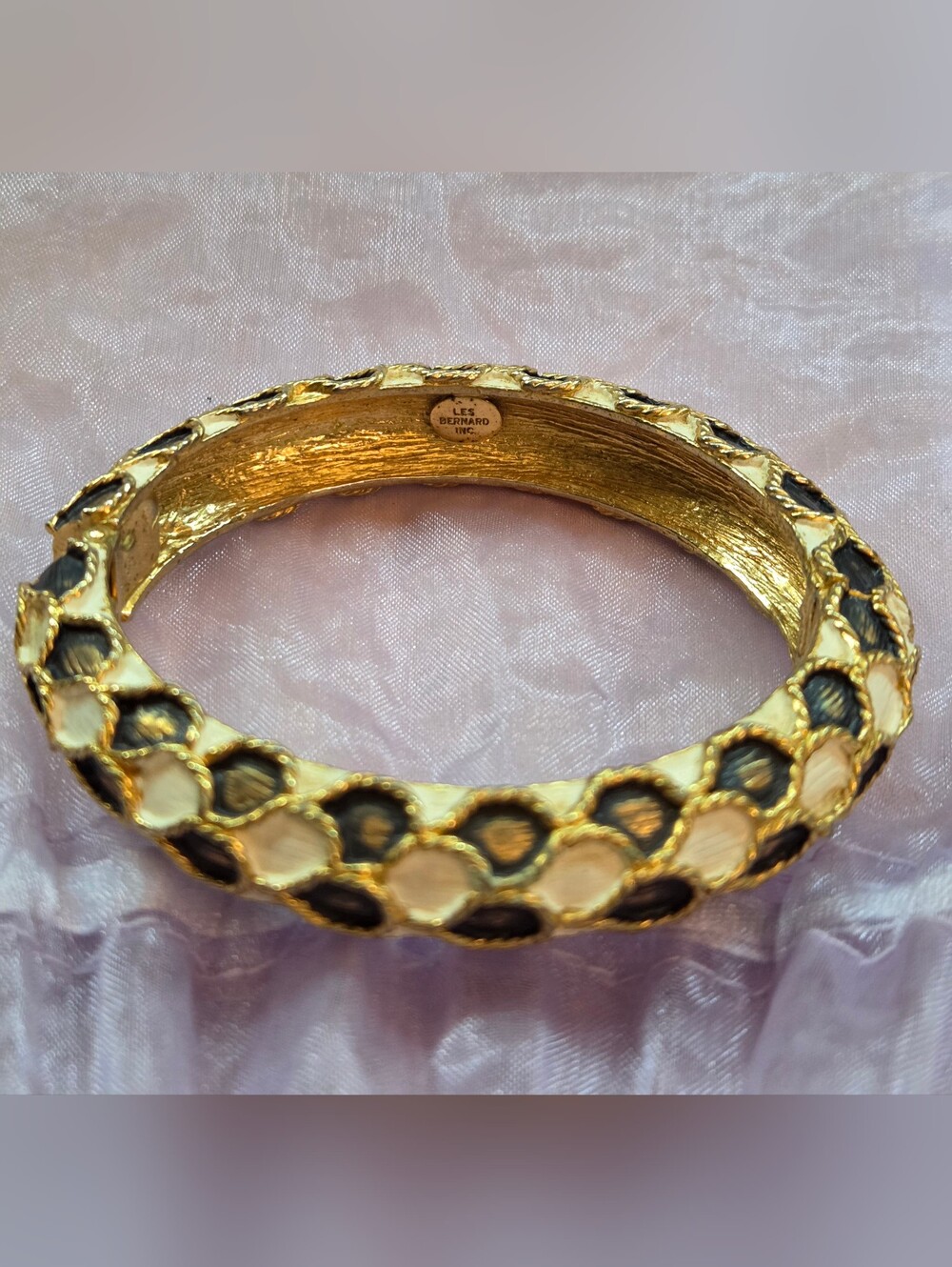 Les Bernard Gold-Tone Black & Cream Enamel Bangle Bracelet